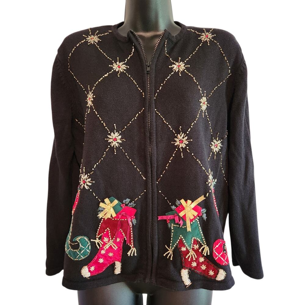 VINTAGE Heirloom Collectibles Christmas sweater cardigan black beaded size L